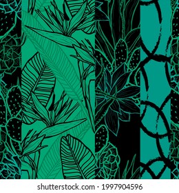 Elegant seamless pattern with strelitzia and succulents, design elements. Floral  pattern for invitations, cards, print, gift wrap, manufacturing, textile, fabric, wallpapers