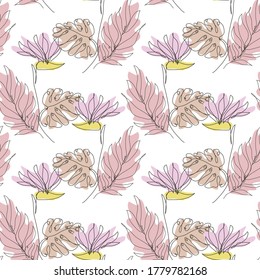 Elegante patrón impecable con estrelitzia y hojas tropicales, elementos de diseño. Patrón floral para invitaciones, tarjetas, impresión, envoltura de regalo, fabricación, textil, tela. Estilo de arte de línea continuo