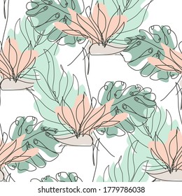 Elegant seamless pattern with strelitzia and tropical leaves, design elements. Floral  pattern for invitations, cards, print, gift wrap, manufacturing, textile, fabric. Continuous line art style