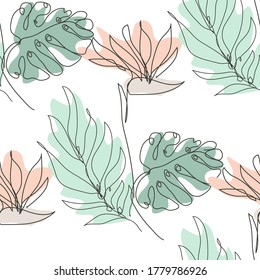 Elegante patrón impecable con estrelitzia y hojas tropicales, elementos de diseño. Patrón floral para invitaciones, tarjetas, impresión, envoltura de regalo, fabricación, textil, tela. Estilo de arte de línea continuo