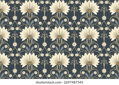 An elegant seamless pattern in the style of Art Nouveau or Victorian design. This classic, decorative design is ideal for wallpapers, fabric prints, luxury packaging, or digital backgrounds.