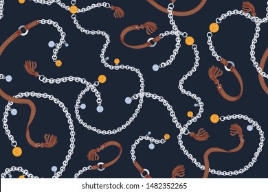 Elegant seamless pattern with stylish silver chain belts decorated by charms and leather tassels on black background. Realistic vector illustration for wrapping paper, textile print.