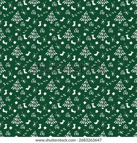 Elegant seamless pattern of stylized Christmas trees and ornaments. Minimal festive design for holiday packaging, stationery, and seasonal decor.