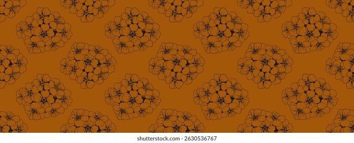 Elegant seamless pattern of stylized floral bouquets in dark brown on a warm, burnt orange background.  Perfect for textile prints, wallpaper, website design, or packaging.
