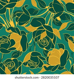 Elegant seamless pattern with stylized gold and dark green roses on teal background. Vector illustration for luxury wrapping paper, textile, wallpaper.