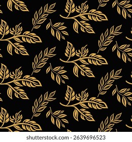 Elegant seamless pattern of stylized, golden feather-like leaves on a black background. A luxurious and artistic design with a flowing feel for fashion and decor.