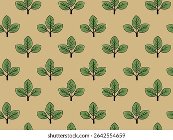 Elegant seamless pattern of stylized green leaves on a beige background.  Perfect for textile design, wallpaper, packaging, or website backgrounds.  Evokes feelings of nature, growth, and tranquility.