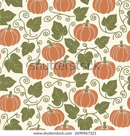  An elegant seamless pattern with stylized pumpkins and swirling green vines on a cream background. A sophisticated take on a classic autumn theme, perfect for holiday decor, upscale fabric, and stati