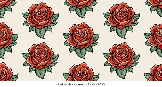 Elegant seamless pattern of stylized red roses with green leaves on a beige background. Seamless hand drawn rose pattern background. For textile, wallpaper, and crafting projects. Vector illustration.