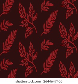 Elegant seamless pattern of stylized, red feather-like leaves and branches on a dark background. A luxurious and artistic design for modern fashion and decor.