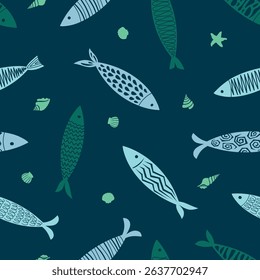 Elegant seamless pattern with stylized silhouettes of colorful fish on a deep navy blue background. Perfect for luxury gift wrapping, accessories, fabrics, menus.