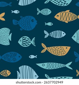 Elegant seamless pattern with stylized silhouettes of colorful fish on a deep navy blue background. Perfect for luxury gift wrapping, accessories, fabrics, menus.