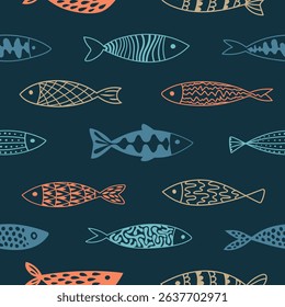 Elegant seamless pattern with stylized silhouettes of colorful fish on a deep navy blue background. Perfect for luxury gift wrapping, accessories, fabrics, menus.