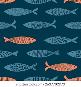 Elegant seamless pattern with stylized silhouettes of colorful fish on a deep navy blue background. Perfect for luxury gift wrapping, accessories, fabrics, menus.
