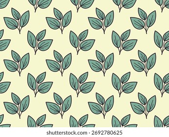 Elegante patrón sin fisuras de hojas de cerceta estilizadas sobre un fondo amarillo pálido.  Perfecto para el diseño textil, Fondo de pantalla, embalaje o fondos de Sitio web.
