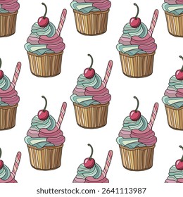 Elegant seamless pattern with summer cupcakes with cherry, design elements. Summer pattern for invitations, cards, print, gift wrap, manufacturing, textile, fabric, wallpapers