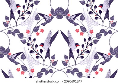 Elegant seamless pattern with swallow, leaves, branches and red flowers. Can be used for home textile, fabric design, wallpapers.