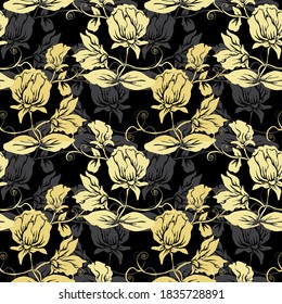 Elegantes, nahtloses Muster mit süßen Erbsenblumen, Design-Elementen. Blumenmuster für Einladungen, Karten, Druck, Geschenkverpackungen, Herstellung, Textilien, Gewebe, Wallpaper