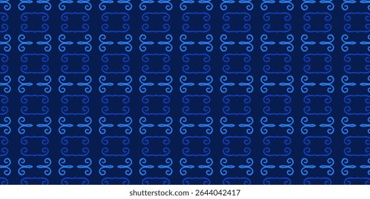 Elegant seamless pattern with swirling blue line art on a dark navy background. Ideal for textiles, wallpapers, and digital designs. Features abstract symmetry and flow.
