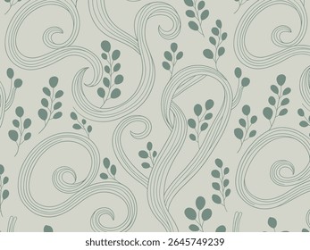 Elegant seamless pattern with swirling lines and delicate botanical elements