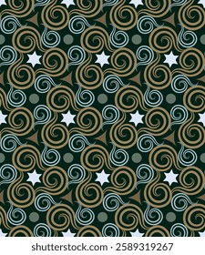 Elegant seamless pattern with swirling stripes, circles, stars. Vector illustration for print, fabric, cover, packaging, interior decor, blog decoration and other your projects.