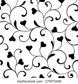 Elegant seamless pattern with swirls and hearts on a white background