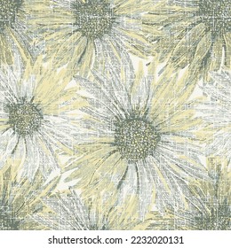 Elegant seamless pattern with textured green sunflower flowers, design elements. grunge sunflower yellow and maroon sunflower slub textured textile, fabric, wallpapers Jerusalem artichokes flower.