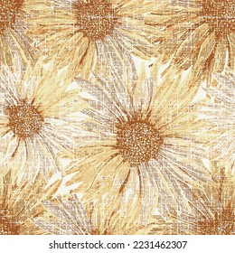 Elegant seamless pattern with textured orange sunflower flowers, design elements. grunge sunflower yellow and maroon sunflower slub textured textile, fabric, wallpapers Jerusalem artichokes flower.