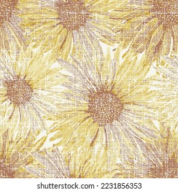 Elegant seamless pattern with textured sunflower flowers, design elements. grunge sunflower yellow and maroon sunflower slub textured textile, fabric, wallpapers Jerusalem artichokes flower.