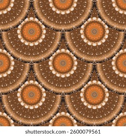 Elegant seamless pattern with tiled round mandalas, intricate vintage swirling flowers, leaves. Vector ornamental arabesque ornaments. Perfect for wallpapers, textiles, packaging, fabric, prints.