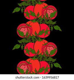 Elegant seamless pattern with tomatoes, design elements. Vegetable pattern for invitations, cards, print, gift wrap, manufacturing, textile, fabric, wallpapers. Food, kitchen, vegetarian theme