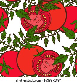 Elegant seamless pattern with tomatoes, design elements. Vegetable pattern for invitations, cards, print, gift wrap, manufacturing, textile, fabric, wallpapers. Food, kitchen, vegetarian theme