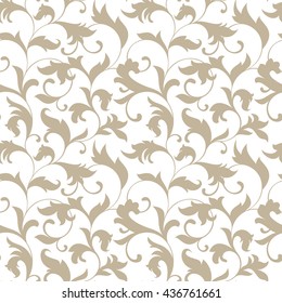 Elegant seamless pattern. Tracery of twisted stalks with decorative leaves on a white background. Vintage style. The pattern can be used for printing on textiles, wallpaper, packaging