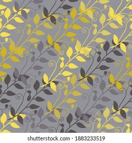 Elegantes, nahtloses Muster mit Blättern aus Baumzweigen, Designelementen. Blumenmuster für Einladungen, Karten, Druck, Geschenkverpackung, Herstellung, Textilien, Gewebe, Wallpaper. Farbtrends 2021