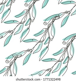 Elegant seamless pattern with tree branches with leaves, design elements. Floral  pattern for invitations, cards, print, gift wrap, manufacturing, textile, fabric, wallpapers.Continuous line art style