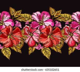 Elegant seamless pattern with tropical hibiscus flowers and leaves, design element. Floral pattern for invitations, cards, scrapbooking, print, wallpapers, web backgrounds, manufacturing. Editable