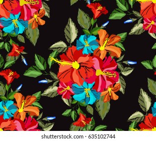 Elegant seamless pattern with tropical hibiscus flowers and leaves, design element. Floral pattern for invitations, cards, scrapbooking, print, wallpapers, web backgrounds, manufacturing. Editable