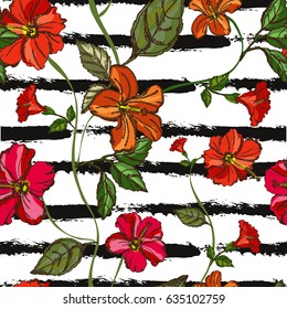 Elegant seamless pattern with tropical hibiscus flowers and leaves, design element. Floral pattern for invitations, cards, scrapbooking, print, wallpapers, web backgrounds, manufacturing. Editable
