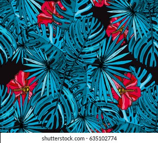 Elegant seamless pattern with tropical hibiscus flowers and leaves, design element. Floral pattern for invitations, cards, scrapbooking, print, wallpapers, web backgrounds, manufacturing. Editable