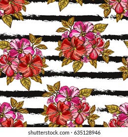 Elegant seamless pattern with tropical hibiscus flowers and leaves, design element. Floral pattern for invitations, cards, scrapbooking, print, wallpapers, web backgrounds, manufacturing. Editable
