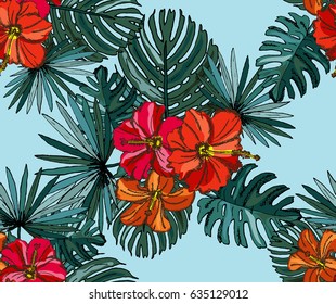 Elegant seamless pattern with tropical hibiscus flowers and leaves, design element. Floral pattern for invitations, cards, scrapbooking, print, wallpapers, web backgrounds, manufacturing. Editable