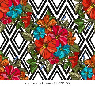 Elegant seamless pattern with tropical hibiscus flowers and leaves, design element. Floral pattern for invitations, cards, scrapbooking, print, wallpapers, web backgrounds, manufacturing. Editable