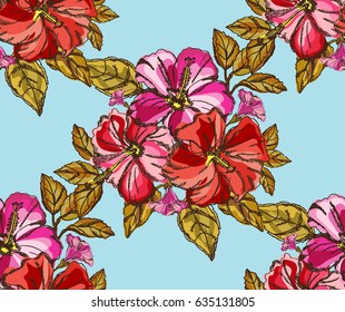Elegant seamless pattern with tropical hibiscus flowers and leaves, design element. Floral pattern for invitations, cards, scrapbooking, print, wallpapers, web backgrounds, manufacturing. Editable