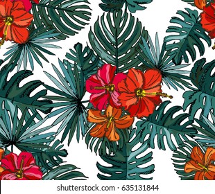 Elegant seamless pattern with tropical hibiscus flowers and leaves, design element. Floral pattern for invitations, cards, scrapbooking, print, wallpapers, web backgrounds, manufacturing. Editable