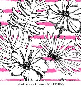 Elegant seamless pattern with tropical hibiscus flowers and leaves, design element. Floral pattern for invitations, cards, scrapbooking, print, wallpapers, web backgrounds, manufacturing. Editable