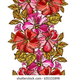 Elegant seamless pattern with tropical hibiscus flowers and leaves, design element. Floral pattern for invitations, cards, scrapbooking, print, wallpapers, web backgrounds, manufacturing. Editable