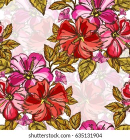Elegant seamless pattern with tropical hibiscus flowers and leaves, design element. Floral pattern for invitations, cards, scrapbooking, print, wallpapers, web backgrounds, manufacturing. Editable