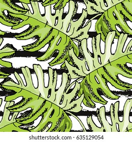 Elegant seamless pattern with tropical leaves, design element. Floral pattern for invitations, cards, scrapbooking, print, wallpapers, web backgrounds, manufacturing. Editable