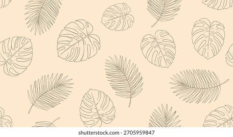 Elegante patrón sin fisuras de monstruos tropicales y hojas de palma en un estilo de arte de línea fina perfecto para fondos minimalistas y de la naturaleza.