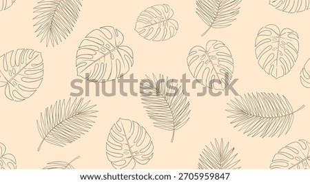 Elegant seamless pattern of tropical monstera and palm leaves in a fine line art style perfect for minimalist and nature backgrounds.